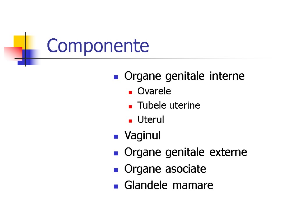 Componente Organe genitale interne Ovarele Tubele uterine Uterul Vaginul Organe genitale externe Organe asociate